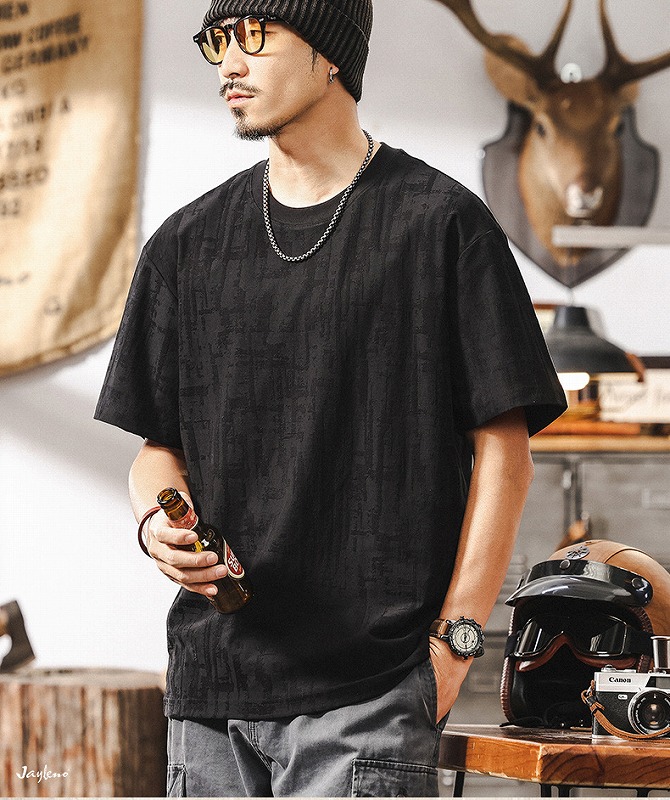 メンズ 黒 ファッション メンズ ヴィンテージ風ジャカード織半袖シャツ 黒 高級感カジュアル