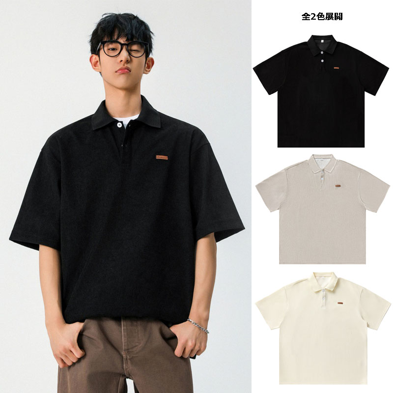 メンズ 黒 ファッション メンズポロシャツ半袖黒ゆったりストリート系全3色