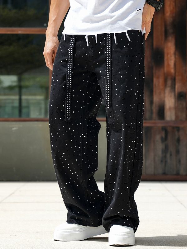 メンズ 黒 ファッション 黒ラインストーンデニムパンツ男女兼用街系春秋新作