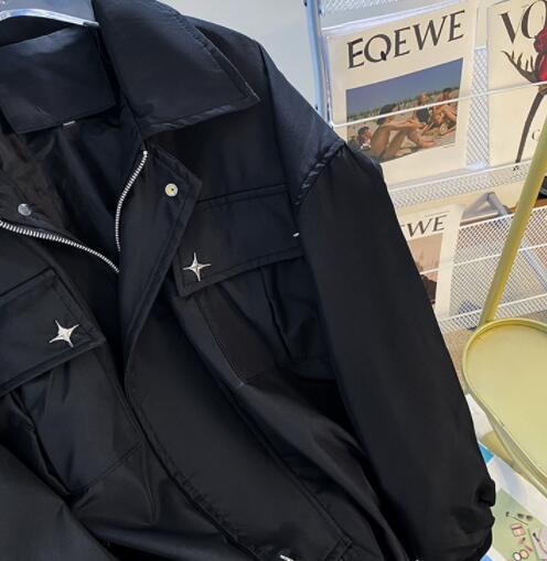 メンズ 黒 ファッション 秋冬メンズ黒ライダースジャケット星型装飾付き