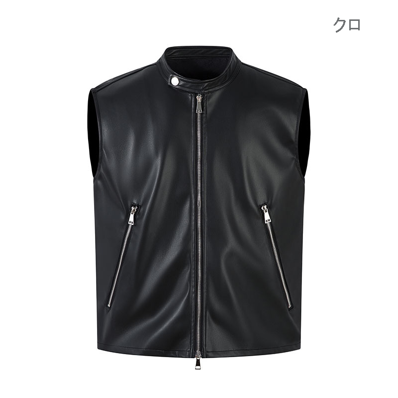 メンズ 黒 ファッション メンズ黒レザーベスト無地袖なしジップアップ