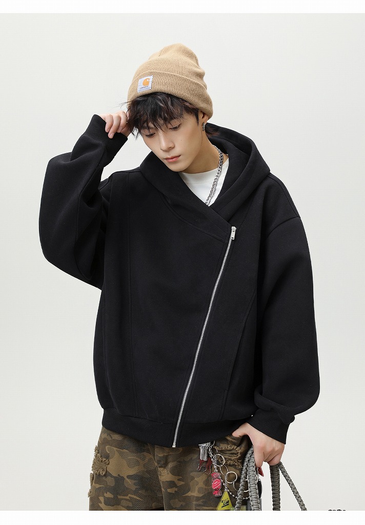 メンズ 黒 ファッション 秋冬新作 斜めジップ厚手フーディー ゆったりパーカー