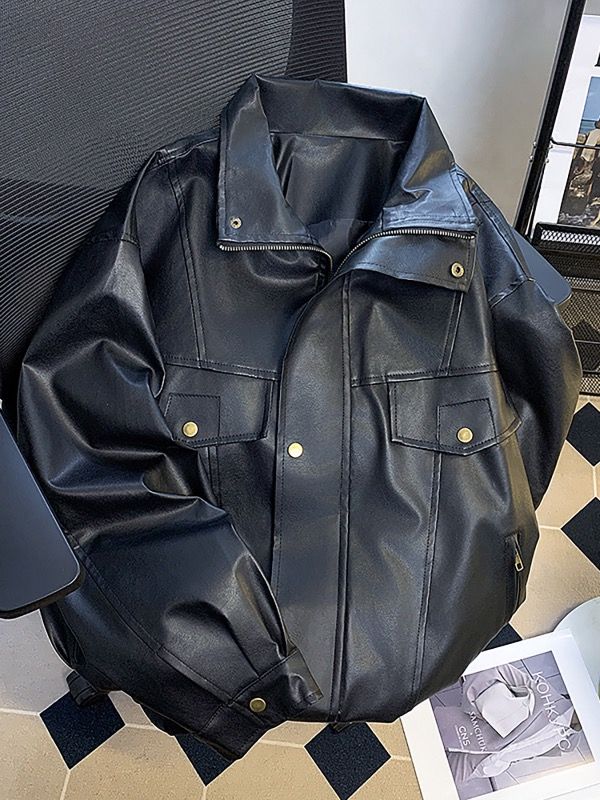 メンズ 黒 ファッション メンズ黒合成皮革ジャケット金具ボタン付き