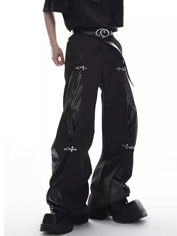 メンズ 黒 ファッション メンズ 黒 合成革切替 ワイドパンツ ストリート系