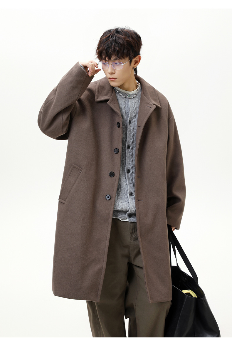 メンズ 黒 ファッション メンズ 秋冬 厚手ウールコート ロング丈 ゆったり黒コート