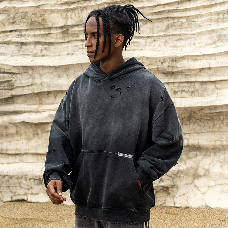 メンズ 黒 ファッション メンズ 黒 ダメージ加工パーカー ヴィンテージ風