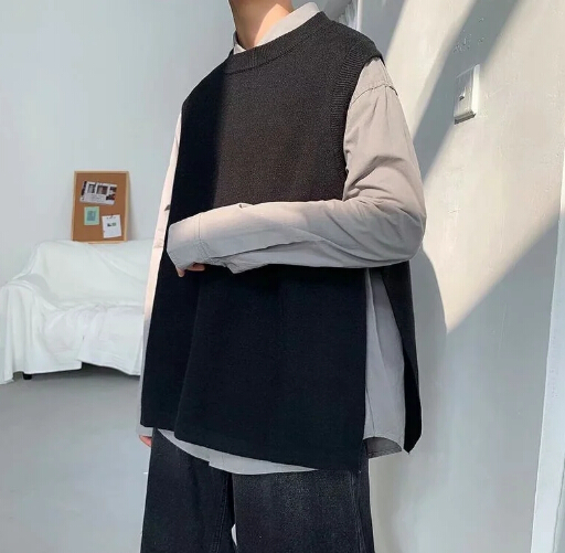 メンズ 黒 ファッション メンズ黒ニットベストおしゃれ重ね着トップス