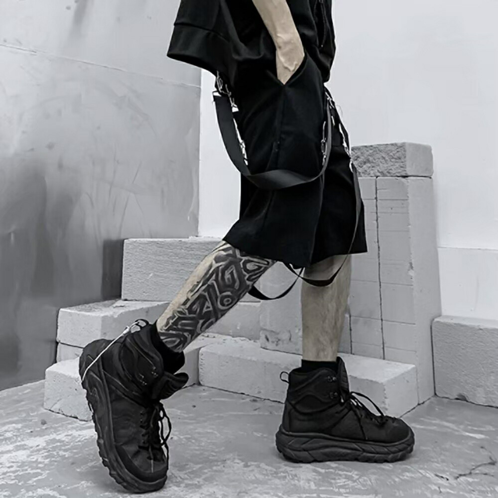 メンズ 黒 ファッション 黒カーゴハーフパンツ ベルト付き膝丈ボトムス