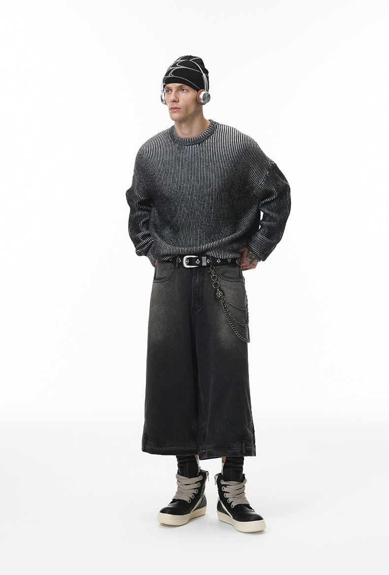 メンズ 黒 ファッション メンズ秋冬ストライプニットスウェット黒グレー切替