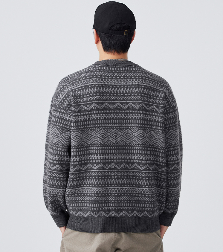 メンズ 黒 ファッション メンズ長袖ニットセーター 幾何学柄 黒グレー 秋冬新作