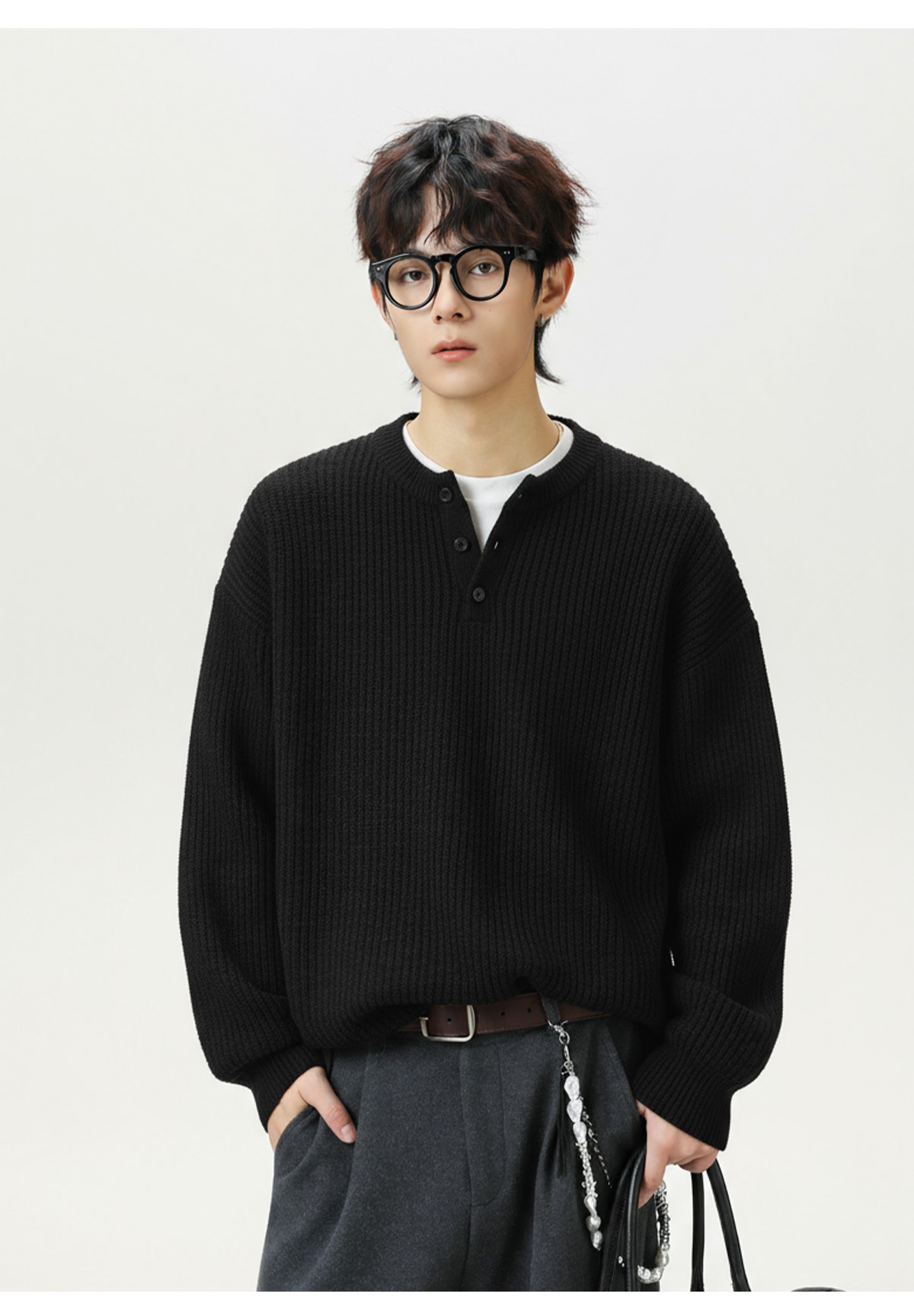 メンズ 黒 ファッション メンズ秋冬厚手ヘンリーネックニットセーター