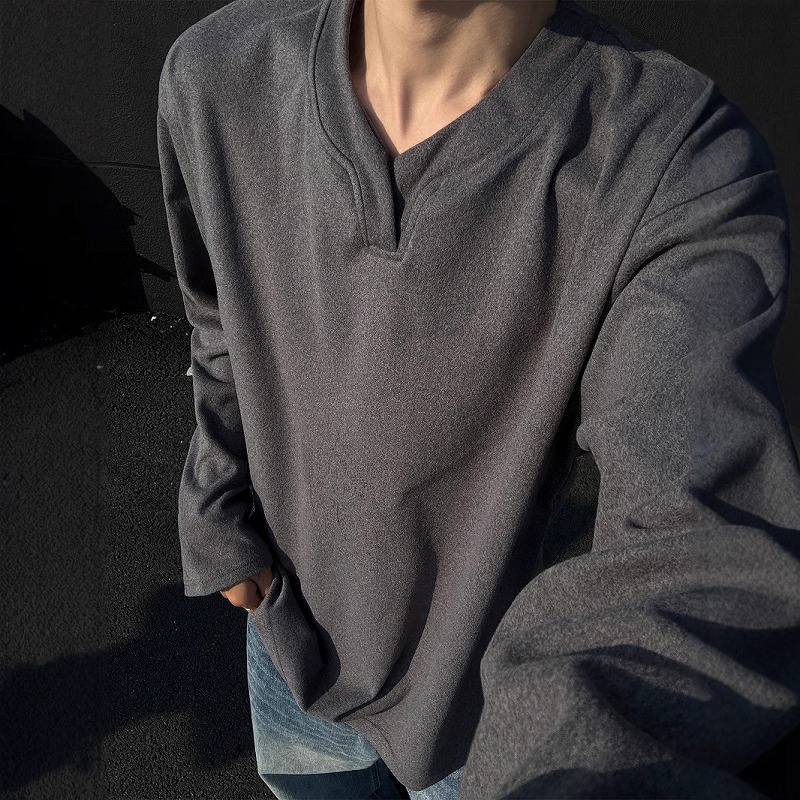 メンズ 黒 ファッション メンズブイネック長袖トップス暖かフリース素材