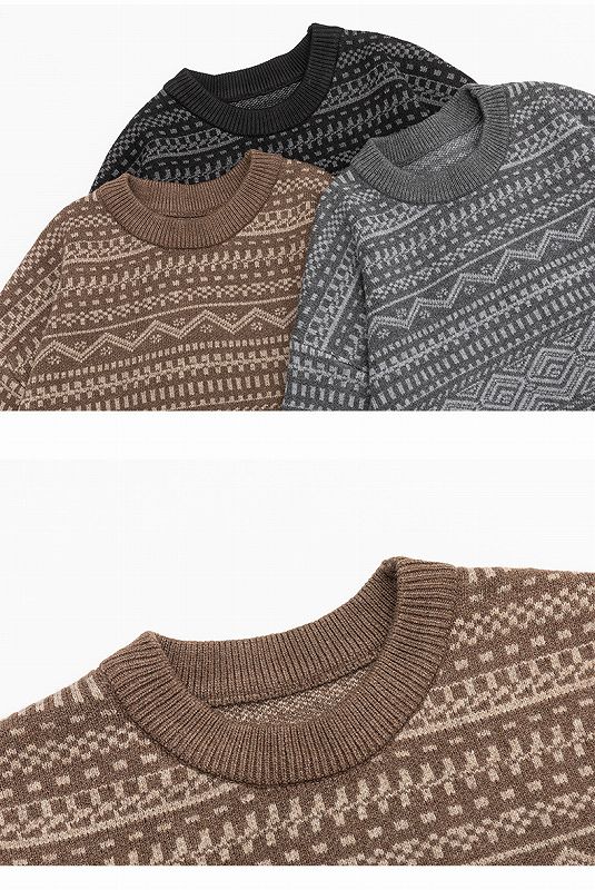 メンズ 黒 ファッション メンズ長袖ニットセーター 幾何学柄 黒グレー 秋冬新作