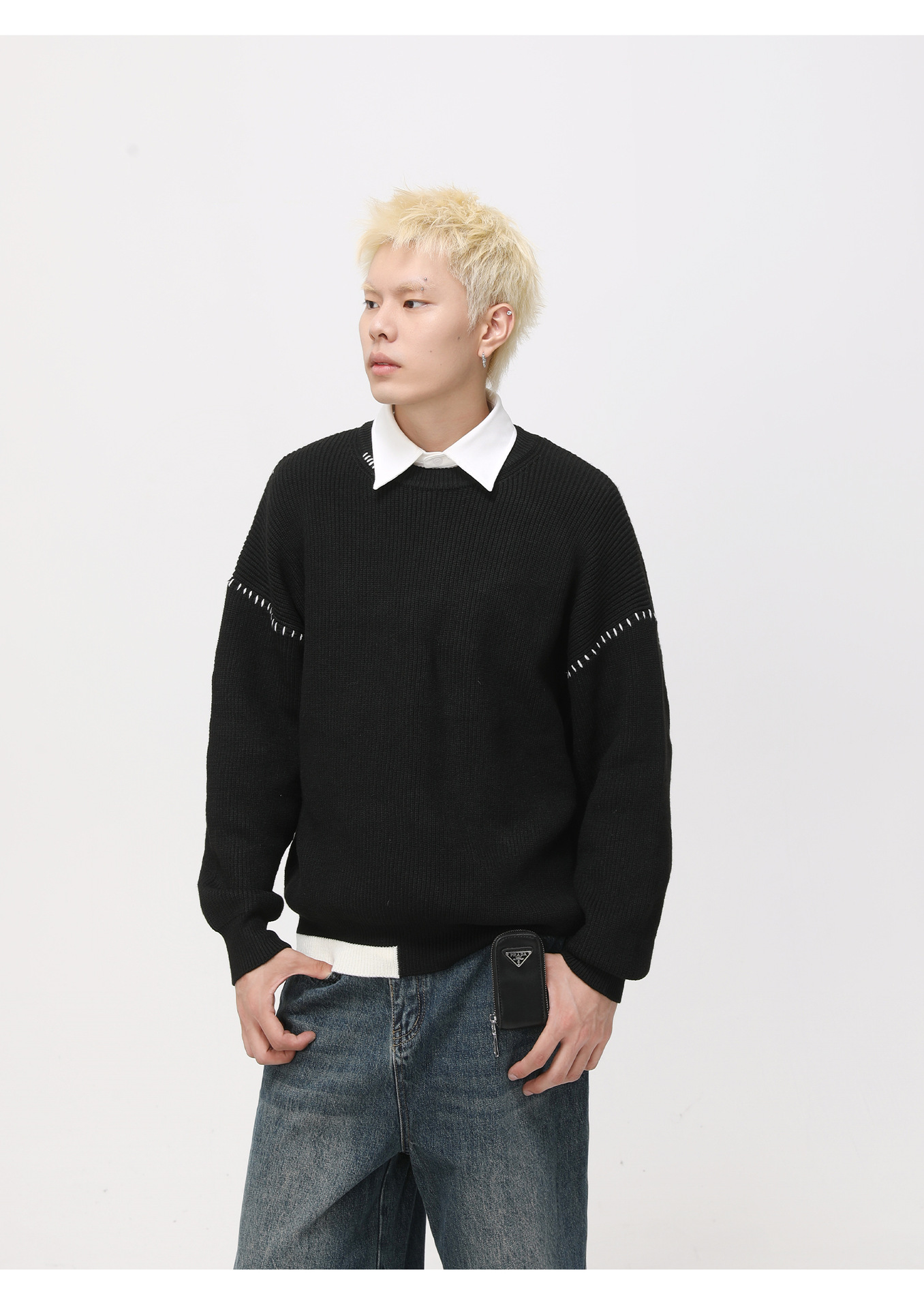 メンズ 黒 ファッション 男女兼用黒長袖ニットセーター秋冬ストリート系トップス