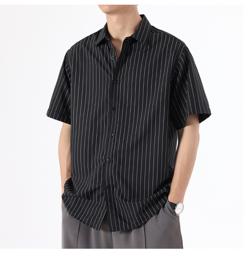 メンズ 黒 ファッション 洗練ストライプ半袖シャツ