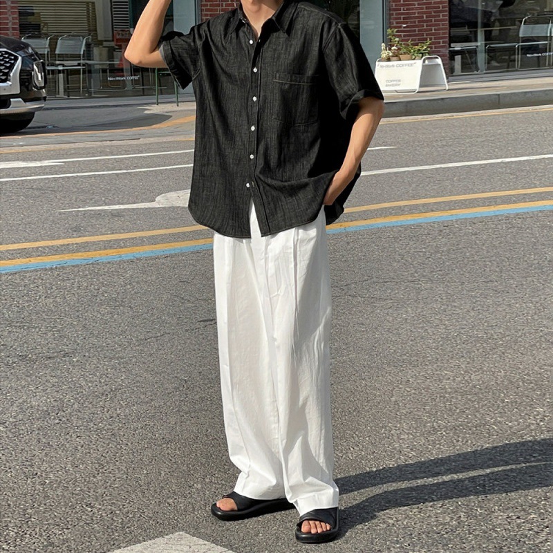 メンズ 黒 ファッション 落ち着きある半袖リネン調シャツ