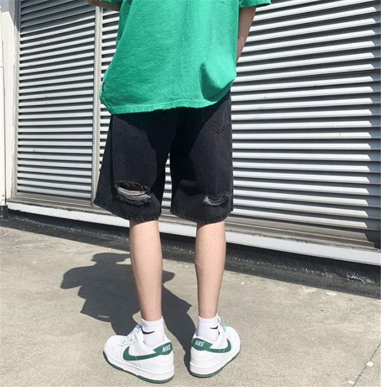 メンズ 黒 ファッション メンズ黒ダメージデニムハーフパンツ夏用ゆったり