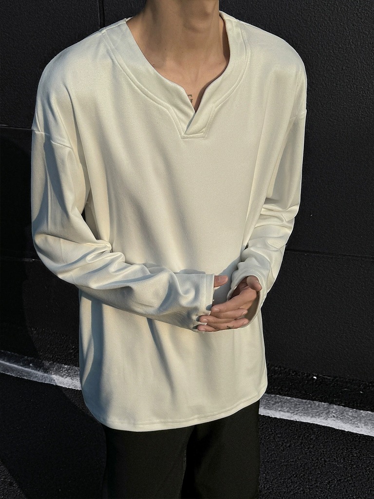 メンズ 黒 ファッション メンズブイネック長袖トップス暖かフリース素材