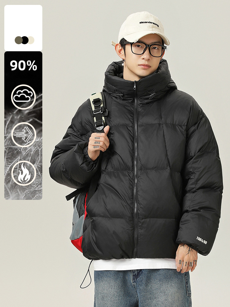 メンズ 黒 ファッション メンズ防滴ダウンジャケット フード付きフェザー入り秋冬アウター