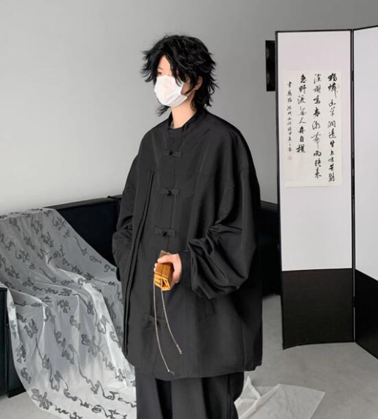 メンズ 黒 ファッション メンズ黒チャイナボタン長袖シャツ