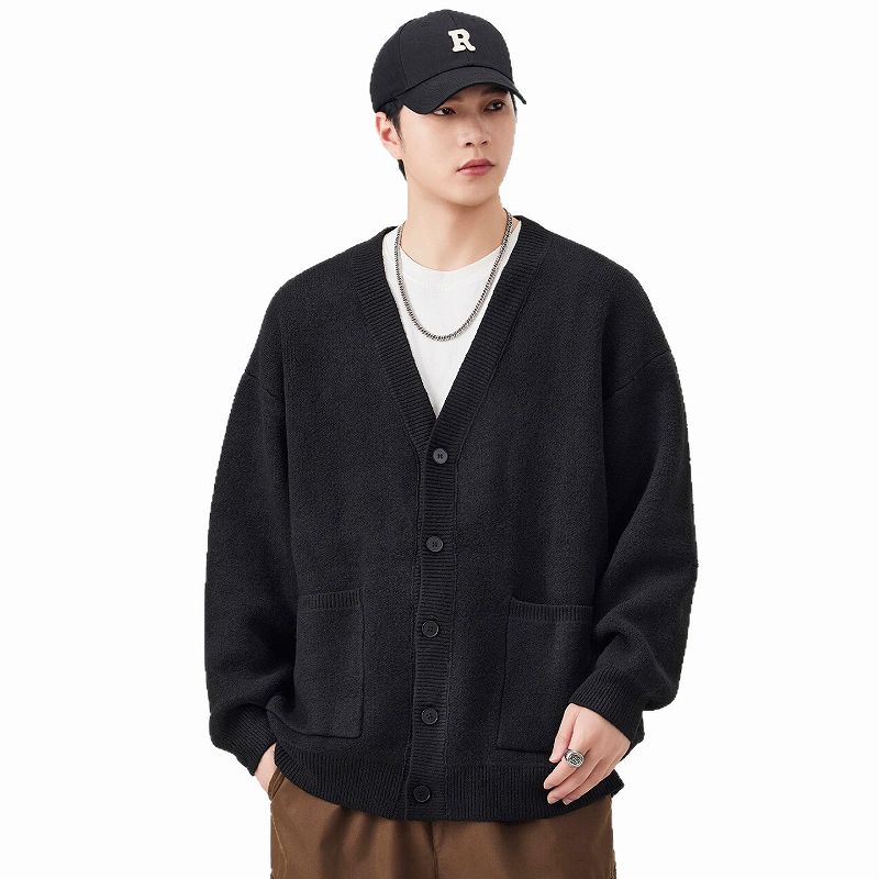 メンズ 黒 ファッション メンズ黒ニットカーディガン秋冬新作