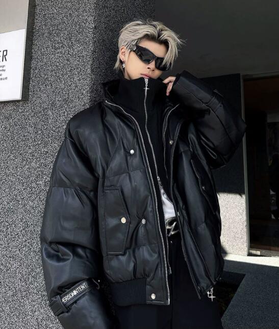 メンズ 黒 ファッション メンズ黒フェイクレザー中綿ジャケット防寒アウター