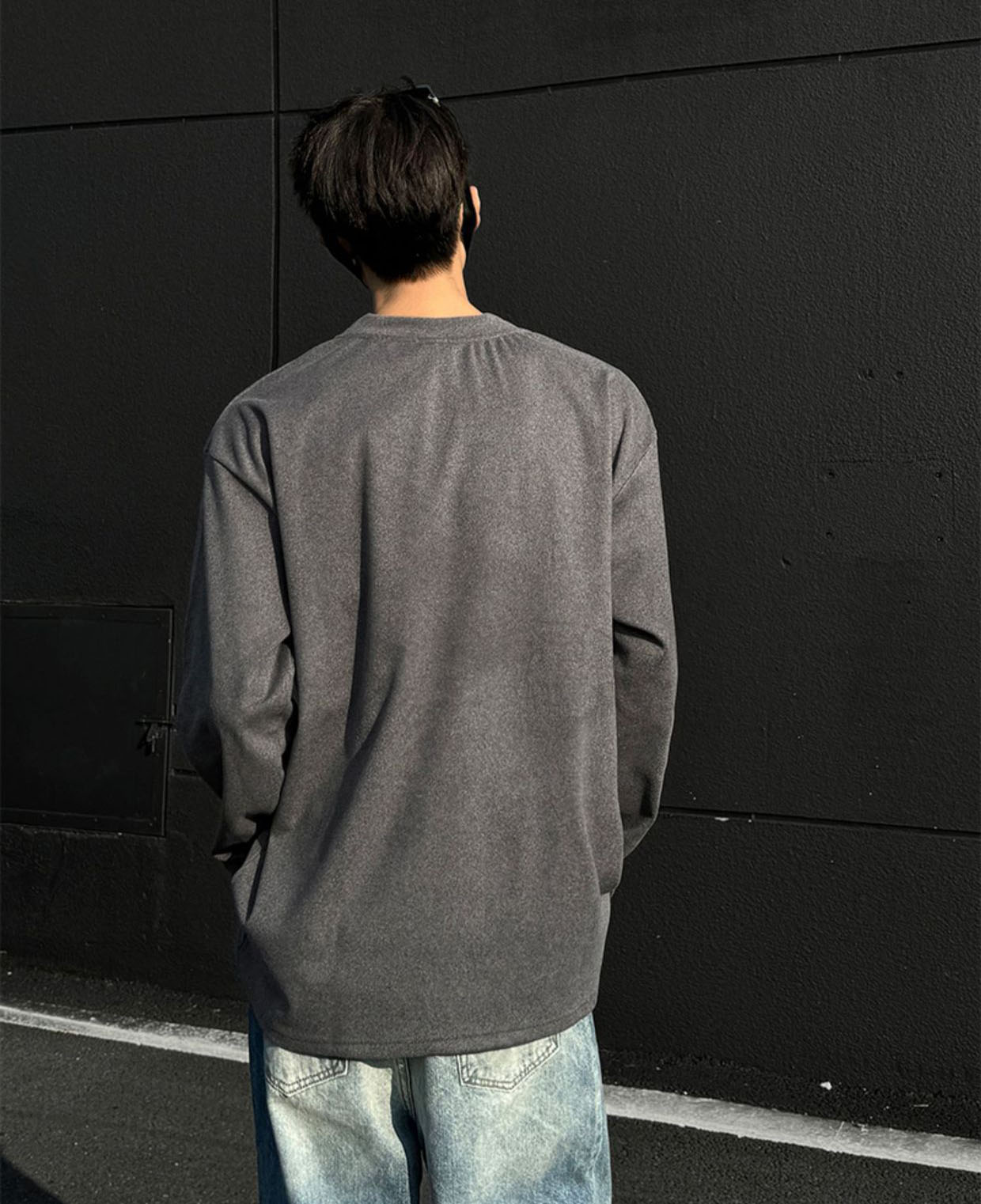 メンズ 黒 ファッション メンズブイネック長袖トップス暖かフリース素材