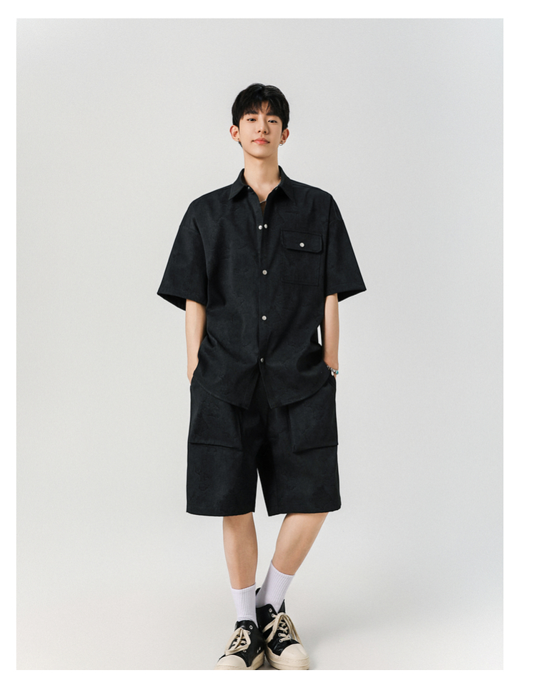 メンズ 黒 ファッション 胸ポケット付き半袖ワークシャツ