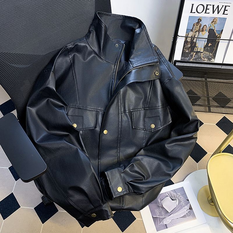 メンズ 黒 ファッション メンズ黒合成皮革ジャケット金具ボタン付き