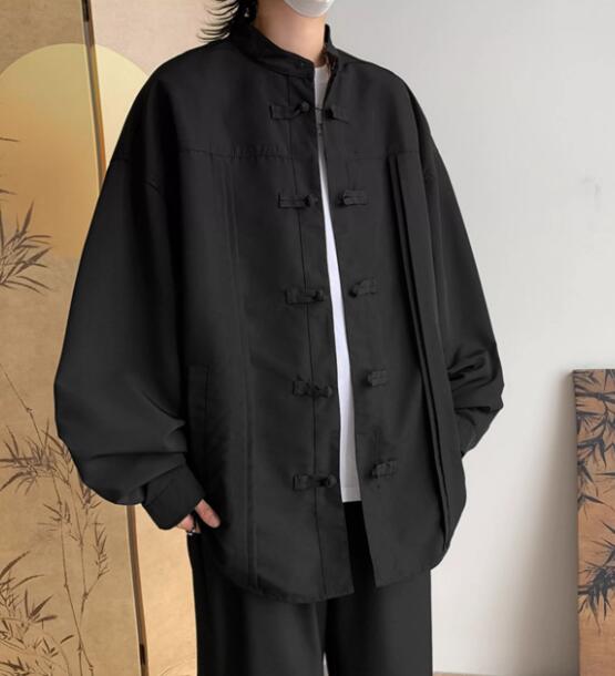 メンズ 黒 ファッション メンズ黒チャイナボタン長袖シャツ