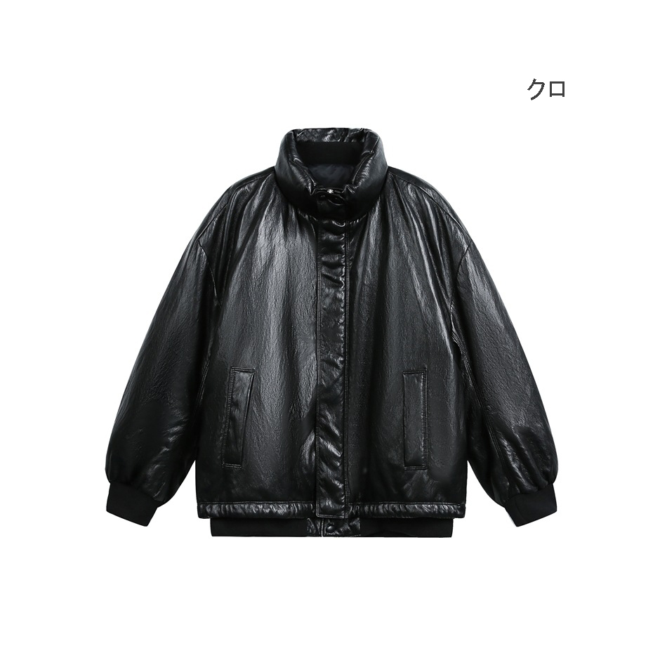 メンズ 黒 ファッション メンズ黒レザー調ダウンジャケット防寒アウター秋冬