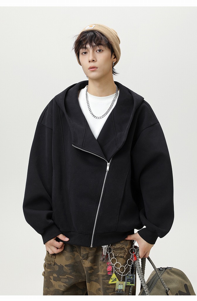 メンズ 黒 ファッション 秋冬新作 斜めジップ厚手フーディー ゆったりパーカー