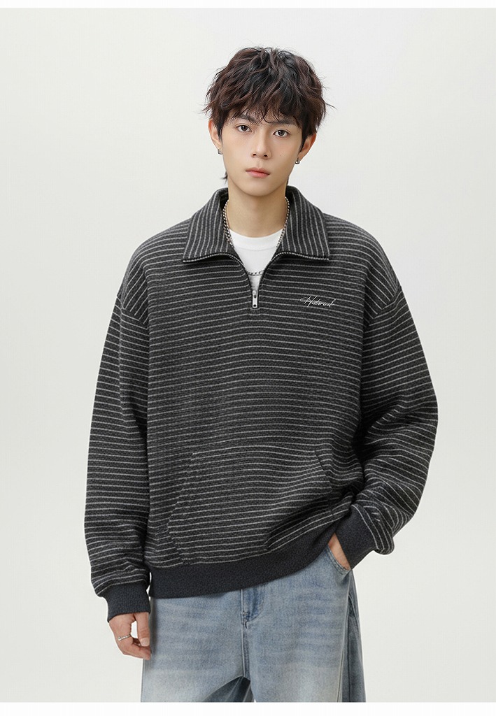 メンズ 黒 ファッション メンズ 冬新作 ハーフジップ立ち襟スウェット 厚手保温