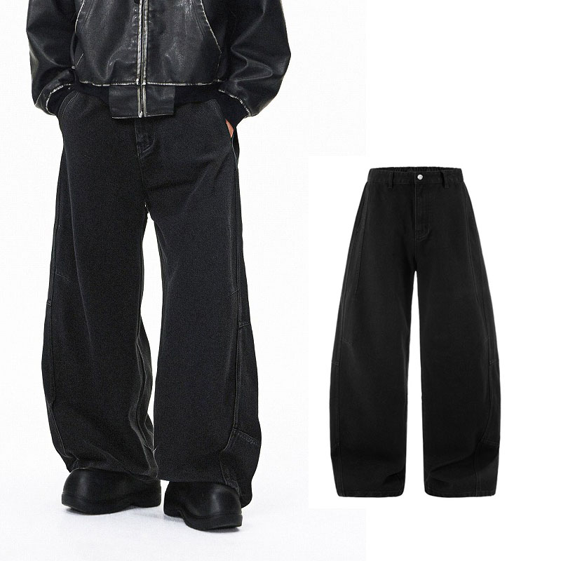 メンズ 黒 ファッション メンズ黒デニムパンツ 立体裁断ワイドシルエット