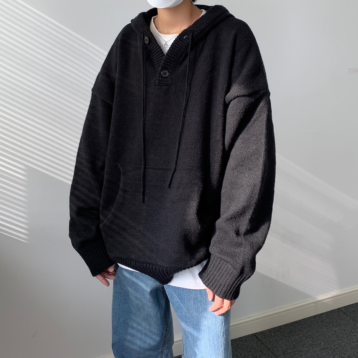 メンズ 黒 ファッション 黒ニットパーカー メンズ 秋冬 厚手 フード付き