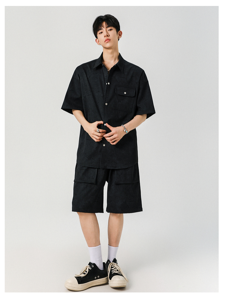 メンズ 黒 ファッション 胸ポケット付き半袖ワークシャツ