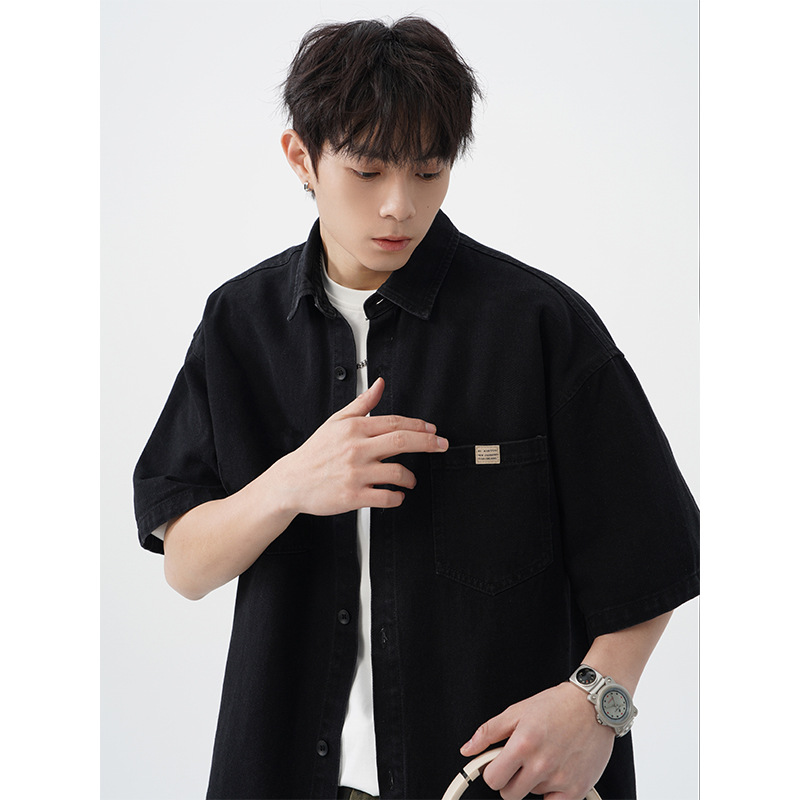 メンズ 黒 ファッション ワイドシルエット胸ポケット半袖シャツ