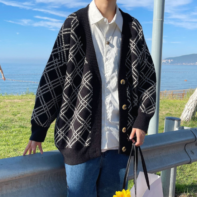 メンズ 黒 ファッション メンズ 黒 幾何学柄 ニットカーディガン 秋冬 羽織り
