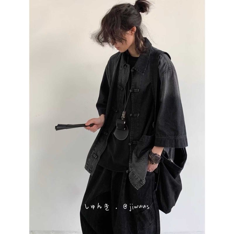 メンズ 黒 ファッション メンズ黒デニムジャケット中華風ボタン