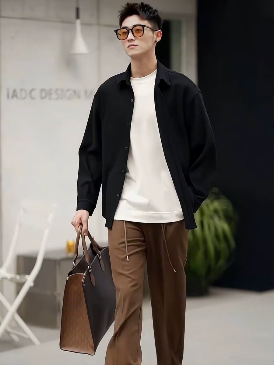 メンズ 黒 ファッション シンプル上質シャツジャケット