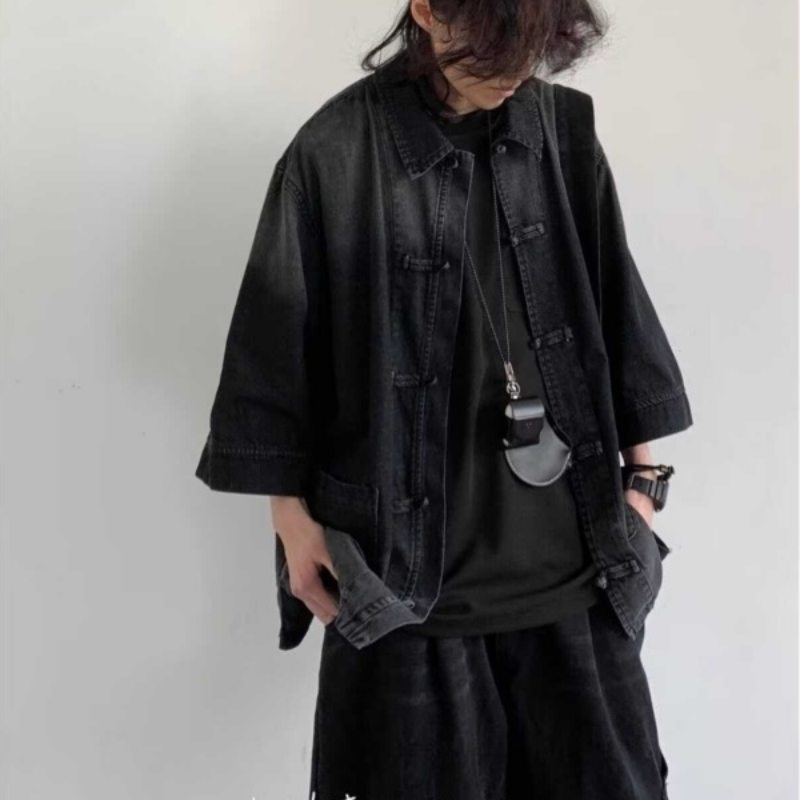 メンズ 黒 ファッション メンズ黒デニムジャケット中華風ボタン