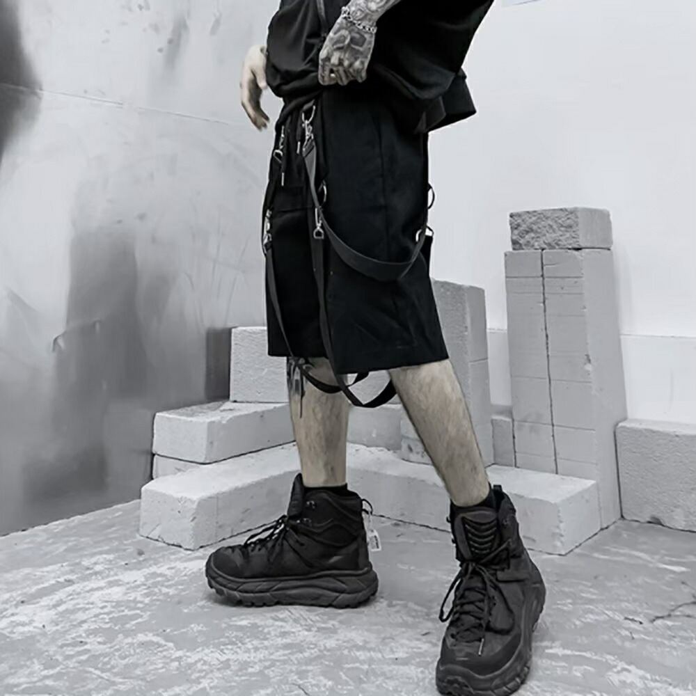 メンズ 黒 ファッション 黒カーゴハーフパンツ ベルト付き膝丈ボトムス