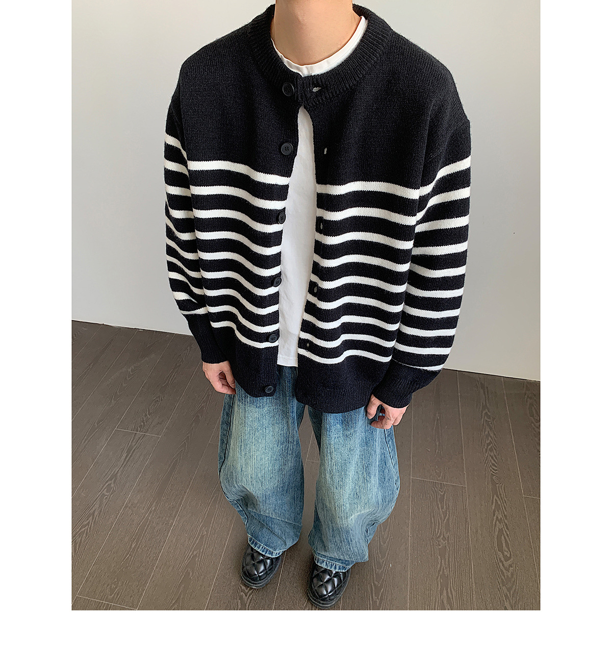 メンズ 黒 ファッション 黒×白ボーダー ニットカーディガン メンズ 秋冬