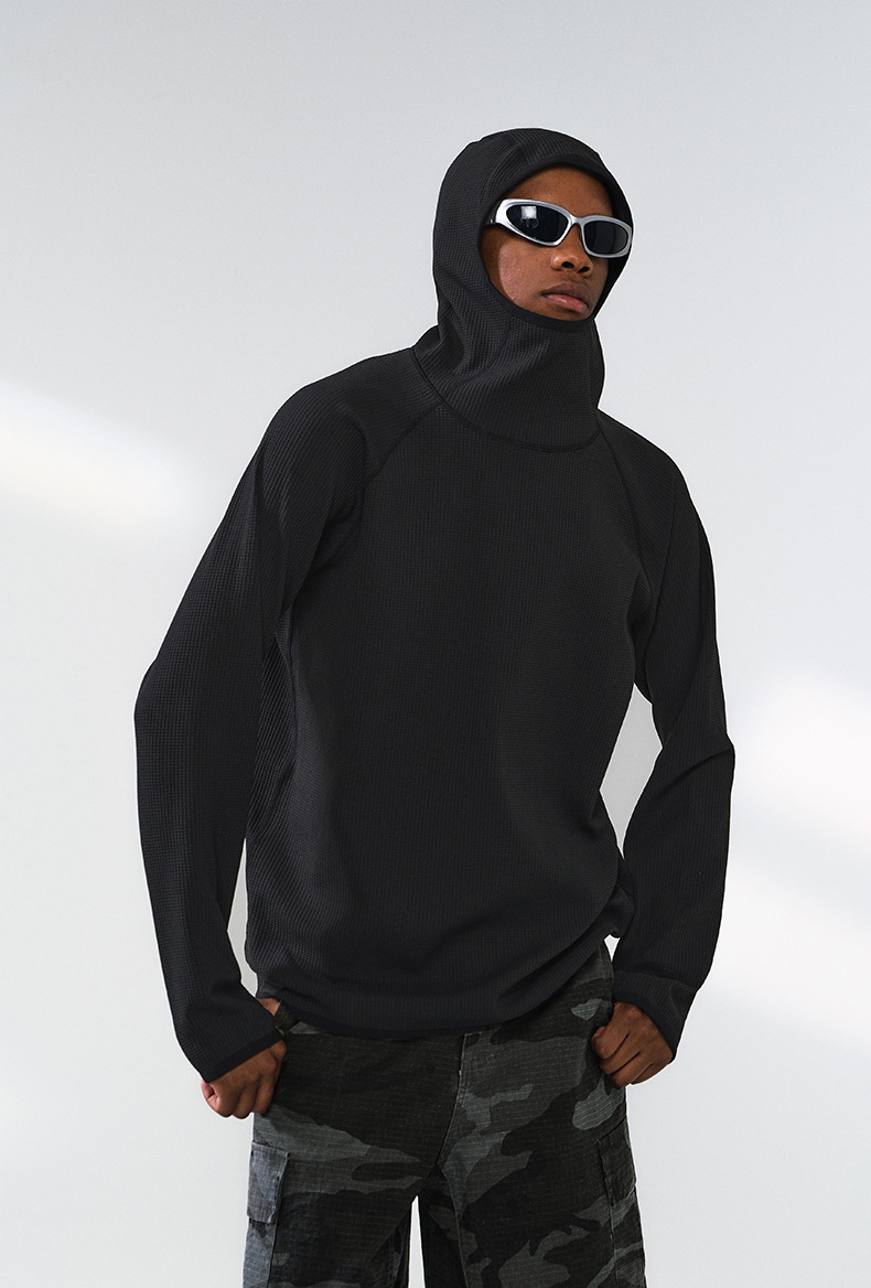 メンズ 黒 ファッション メンズ 秋新作 ワッフル編みスウェット 高伸縮速乾 黒 トップス