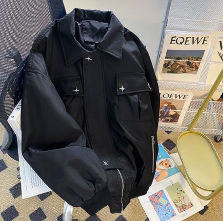 メンズ 黒 ファッション 秋冬メンズ黒ライダースジャケット星型装飾付き