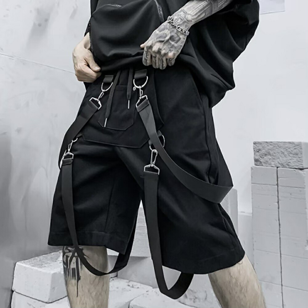 メンズ 黒 ファッション 黒カーゴハーフパンツ ベルト付き膝丈ボトムス