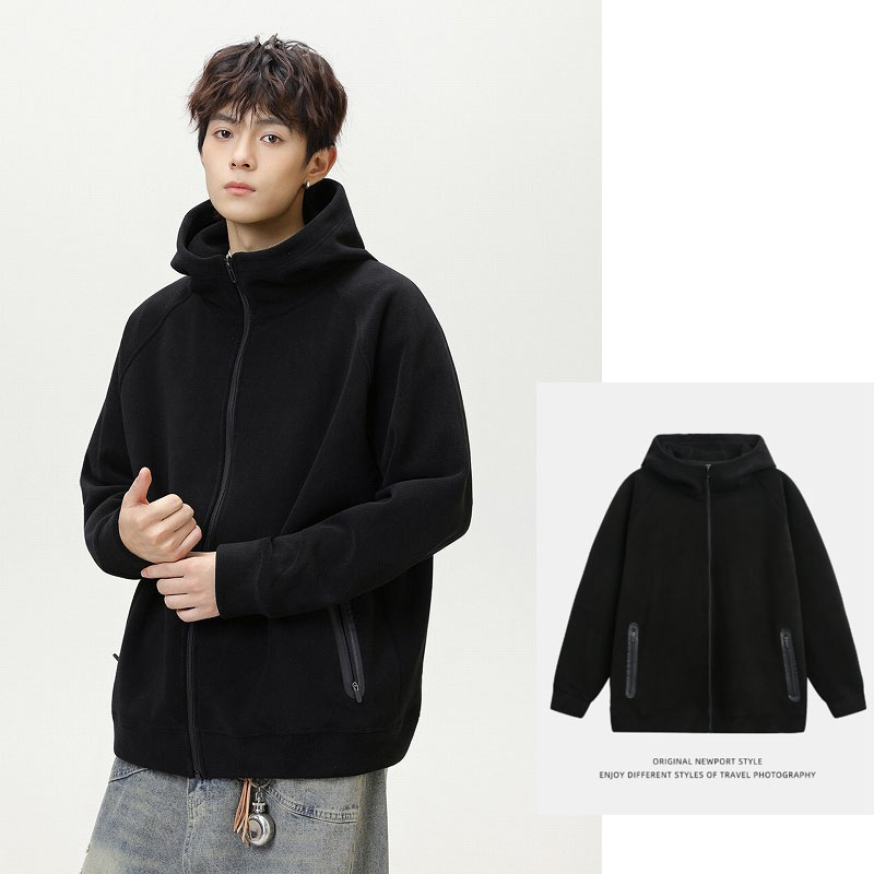 メンズ 黒 ファッション メンズ黒ジップアップパーカー裏起毛厚手保温ゆったり