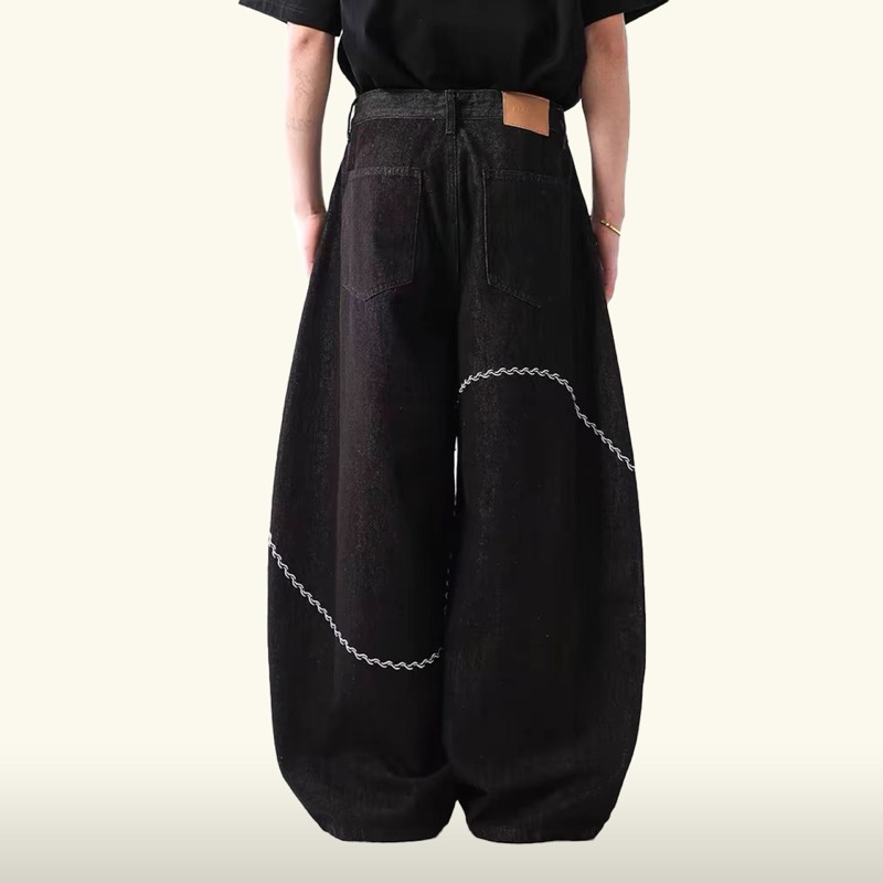 メンズ 黒 ファッション メンズ黒デニム刺繍入りワイドパンツ