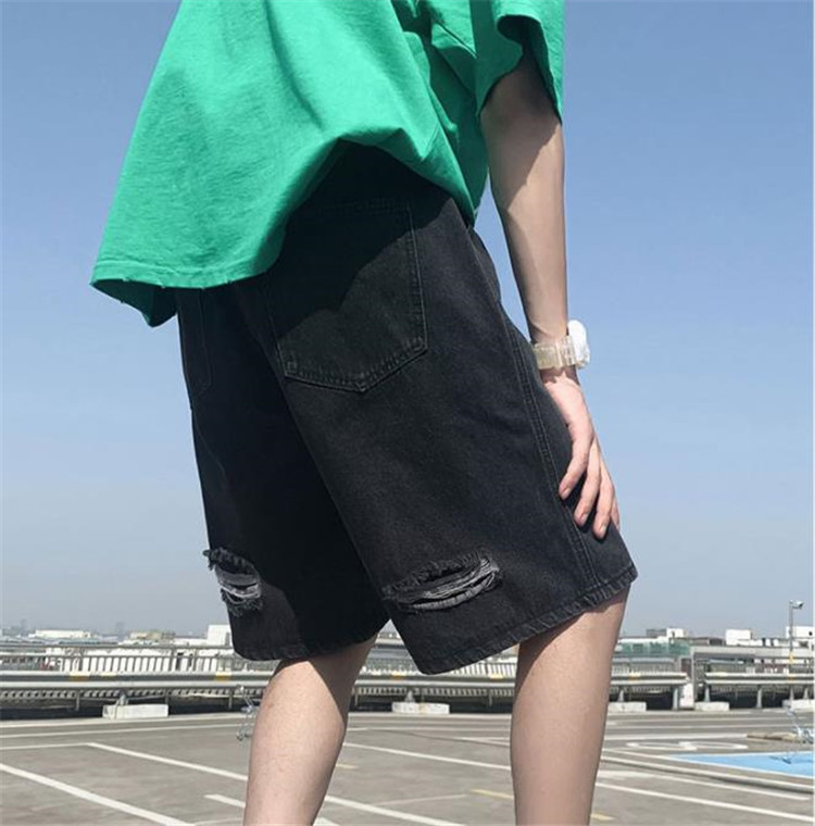 メンズ 黒 ファッション メンズ黒ダメージデニムハーフパンツ夏用ゆったり