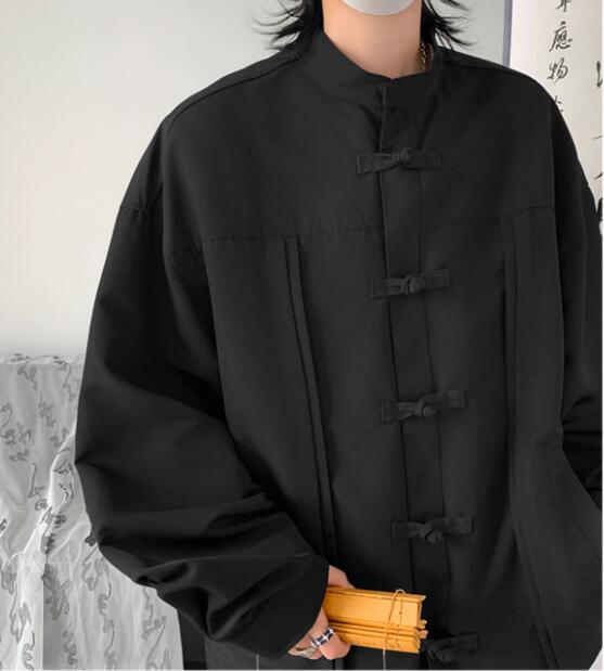 メンズ 黒 ファッション メンズ黒チャイナボタン長袖シャツ